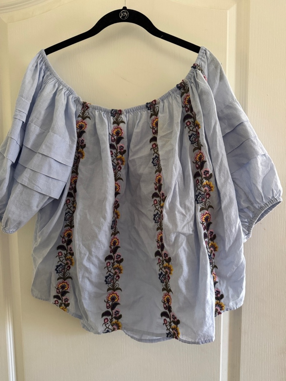 American Eagle Outfitters Light Blue Off-Shoulder Embroidered Peasant Blouse